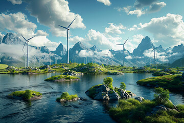 Wall Mural - Wind power plant and technology. Smart grid. Renewable energy. Sustainable resources.