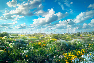 Wall Mural - Wind power plant and technology. Smart grid. Renewable energy. Sustainable resources.