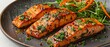 © Maroubra Lab - Asian-inspired salmon supper with a nutty sesame dressing. Salmon with fresh herbs and salad on plate, closeup.