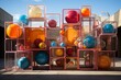 Balls are stacked in boxes, creating an artful building facade