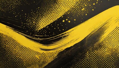 Wall Mural - Black and yellow abstract background with brushstroke and halftone style