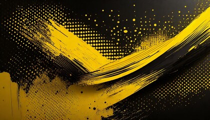 Wall Mural - Black and yellow abstract background with brushstroke and halftone style