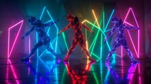 Dynamic Dance In Vibrant Vectors, Neon Lights Cast On Polygon Costumes, Capturing Rhythmic Movement