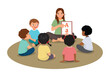 © Tenstudio - Young female teacher explaining and showing alphabet letters to students sitting on floor