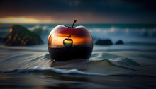 A Glass Apple With A Stormy Sea Inside, Creating A Double Exposure Effect