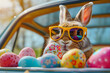Cute Easter bunny wearing sunglasses and sitting in a car filled with colorful Easter eggs, adding a festive touch to the holiday celebration.