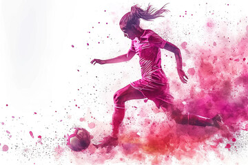 Wall Mural - Soccer player in action, woman pink watercolor with copy space