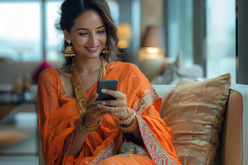 Wall Mural - Indian woman sitting and using cell phone in the airport executive lounge