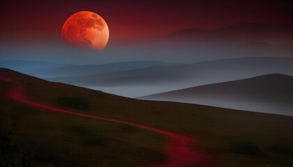 Wall Mural - A red blood moon casting an eerie glow over a foggy landscape