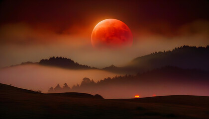 Wall Mural - A dark, foggy landscape with a large red moon in the sky