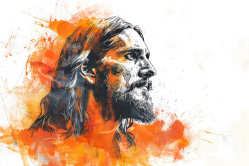 Wall Mural - Orange splash watercolor sketch painting of the face of Jesus Christ