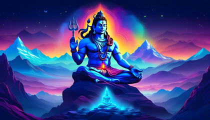 Wall Mural - A digital art piece featuring a giant, bioluminescent Lord Shiva meditating in a forest with a mountain backdrop