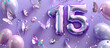 silver 15 birthday balloons on purple background surrounded by butterflies, diamonds and balloons