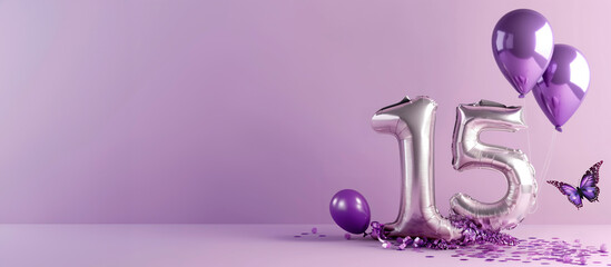 Wall Mural - silver 15th birthday balloons with purple butterfly on simple pink background. copy space