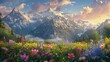An alpine meadow blanketed in colorful alpine flowers, with towering peaks in the soft glow of dawn