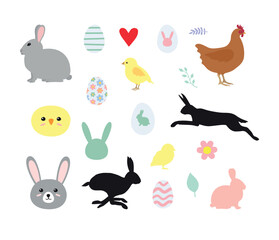 Sticker - Vector set of flat hand drawn Easter elements isolated on white background