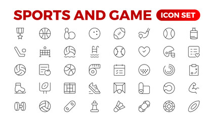 Sports & Game icon set. Hobby and lifestyle line icons collection. Religion, sport, game, fitness, music, cinema icons. UI icon set. Thin outline icons pack. Outline icon collection.