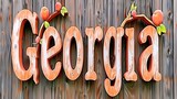 Fototapeta  - Rustic Georgia Text with Peach Fruit Accents on Weathered Wooden Planks