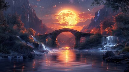 A river flowing beneath a bridge its waters reflecting the light of a full moon. On each side of the bridge different landscapes can be seen one representing the physical