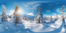 Panorama Of A Beautiful Snow Covered Pine Forest In The Distance, Snow Covered Hills With Trees And Sunlight Shining Through, Bright Blue Sky