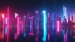 The serene beauty of a cityscape, illuminated by elegant neon strips in a minimalist stage design style, rendered in detail The image focuses on spectral, multi-coloured minimalism, AI Generative