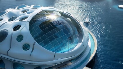 An iconic floating stadium designed to resemble a giant floating sphere offering a 360degree view of the ocean or river it is situated on.