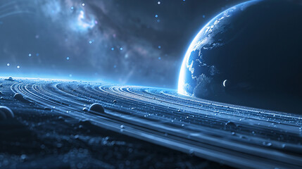 Planets on blue background, outer space galaxy science fiction background