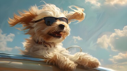 Wall Mural - Yorkshire terrier dog peeks out from the window of a moving car sunglasses hair blowing in the wind. Holidays and vacation travel concept.