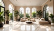 © anmitsu - A large modern living room with lots of plants and a sofa and lots of sunlight. beige marble floor