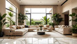 © anmitsu - A large modern living room with lots of plants and a sofa and lots of sunlight. beige marble floor