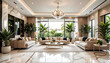 © anmitsu - A large modern living room with lots of plants and a sofa and lots of sunlight. beige marble floor
