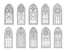 Medieval Gothic Castle And Catholic Church Glass Windows. Isolated Vector Outline Arches Black Silhouettes. Vintage Stained Glass Arched Frames, Cathedral Interior Traditional European Architecture