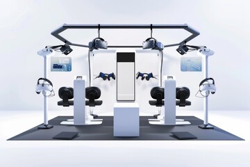 Wall Mural - 3D Render of virtual reality lab with VR headsets, motion trackers, and immersive environments, on isolated white background, Generative AI