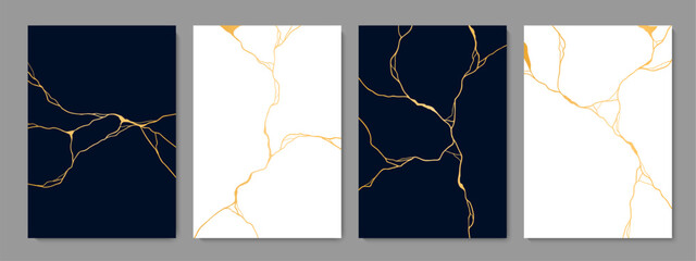 Kintsugi golden cracks, marble texture. Vector black and white vertical backgrounds with gold elegant veins on textured surface, embodying resilience and beauty through artful embrace of imperfections