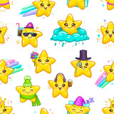Fototapeta  - Cute kawaii stars and twinkle characters seamless pattern. Vector funny, whimsical and charming background with adorable celestial personages sparkles across the backdrop, textile, tile or wallpaper