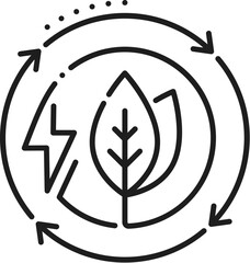 Green energy and eco power line icon of leaf and electricity, vector outline symbol. Natural energy production and alternative power generation technology for renewable bio energy source innovation