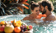 couple with fruit platter beside them, soaking in a hot tub.Generative AI