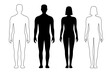 Man and woman human body silhouette, outline figure, patient front view contour. Isolated vector monochrome male and female person shapes, standing full height. Bare and naked slim healthy people