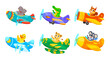 Baby animal characters on planes, vector cartoon squirrel and crocodile, duck and koala. Funny lion and hippo as airplane pilots for kids toy, funny characters aviators flying in propeller planes