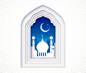 Wall Mural - Paper cut arabian mosque islamic window, ramadan kareem holiday greeting background. 3d vector arched layered frame with moon and night ancient arab town celebrates holy season and spirit of sacrifice