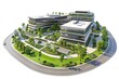 3D Render of corporate headquarters building with landscaped grounds, parking facilities, and corporate branding, on isolated white background, Generative AI