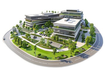 3d render of corporate headquarters building with landscaped grounds, parking facilities, and corpor