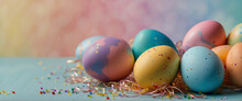 Easter Holiday Celebration Banner Greeting Card Banner, With Colourful Painted Easter Eggs That Mirrors A Pastel Rainbow With Swirls Of Ethereal Pastel Nebulas, Colorful, Confetti, And Festive Easter