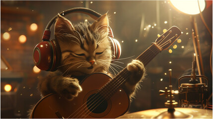 A cat is playing the guitar. Cat wearing glasses, headphones while playing a musical instrument.