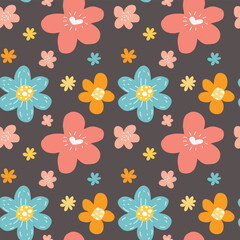 Wall Mural - Seamless repeat pattern with flowers on dark background.