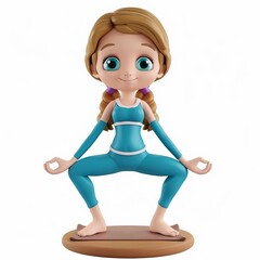 Poster - 3D illustration of a cartoon-style female figurine practicing yoga with a focused expression, isolated on white background, perfect for wellness and fitness concepts with space for text