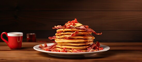 Canvas Print - Stack of Pancakes with Crispy Bacon and Sweet Syrup