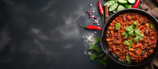 Canvas Print - Chili sauce with meat and vegetables in a pan on a black background