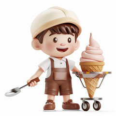 Wall Mural - Animated boy in a cap and overalls holding a large ice cream cone on a cart, isolated on a white background with space for text, ideal for summer or dessert-themed designs