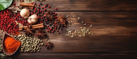 Wall Mural - Spices and herbs arranged on a wooden table